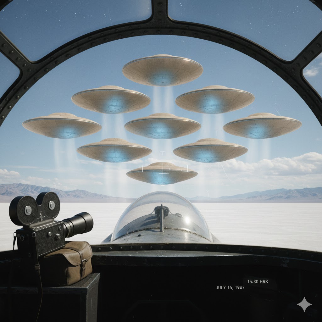 1947 Utah UFO sighting: Reconstruction of nine sand-colored discs in a V-formation rising over the Salt Flats as seen from a B-17.