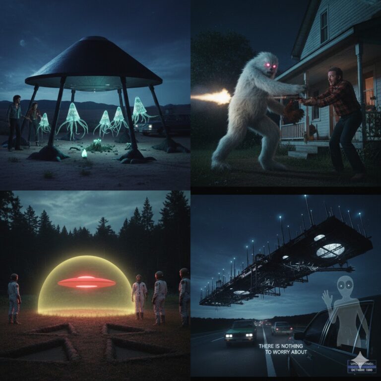 Collage of October 1980 UFO sightings including conical beings in Mexico and Nebraska humanoid encounter.