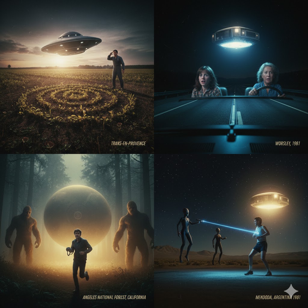 Collage of January 1981 UFO sightings: Trans-en-Provence, Malibu Beach ship, and Angeles National Forest Bigfoot encounter.