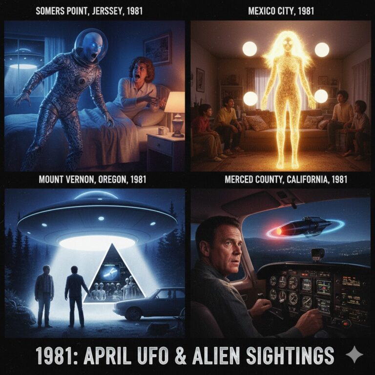 Collage of April 1981 UFO sightings: Somers Point bedroom visitation, Mexico City golden entity, and Oregon abduction.