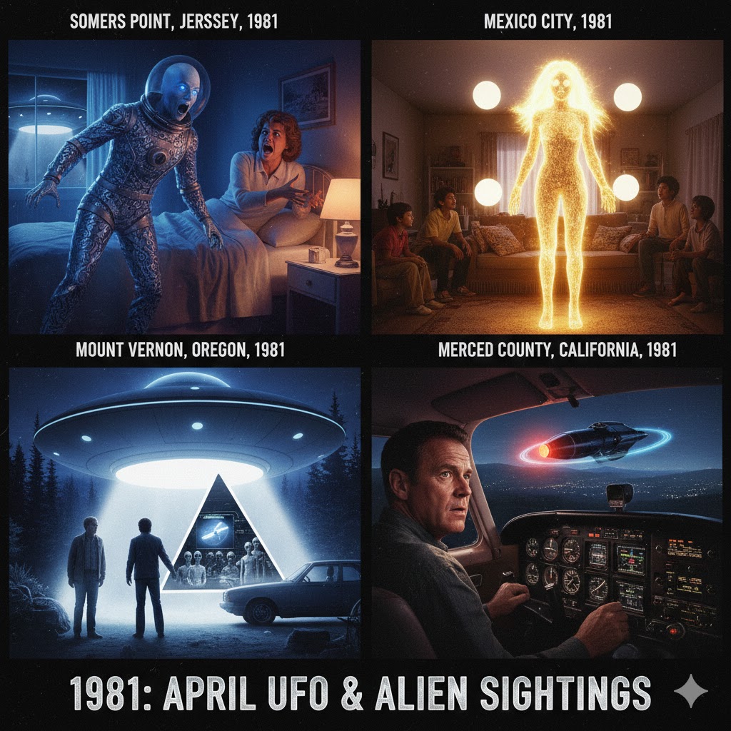 Collage of April 1981 UFO sightings: Somers Point bedroom visitation, Mexico City golden entity, and Oregon abduction.