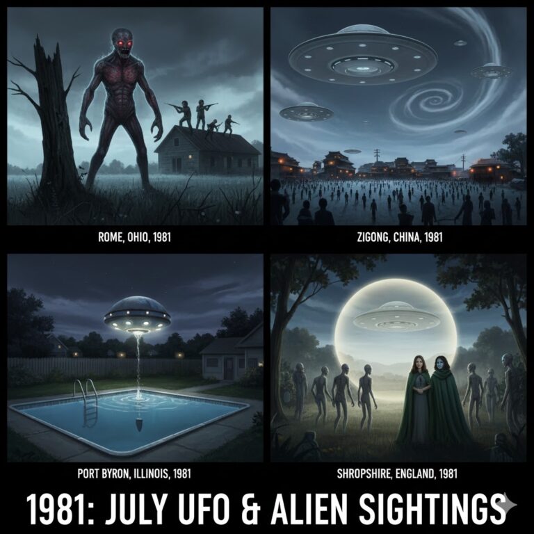 Collage of July 1981 UFO sightings: Rome Ohio creature, China mass sighting, and Port Byron pool incident.