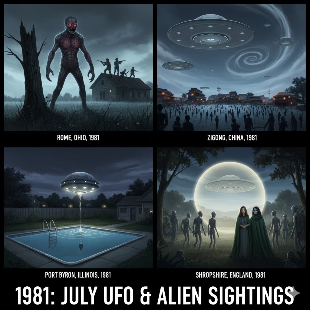 Collage of July 1981 UFO sightings: Rome Ohio creature, China mass sighting, and Port Byron pool incident.