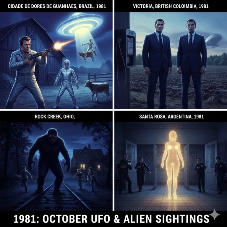 Collage of October 1981 UFO sightings: Brazil farmer encounter, Victoria men in blue, and Santa Rosa luminous woman.