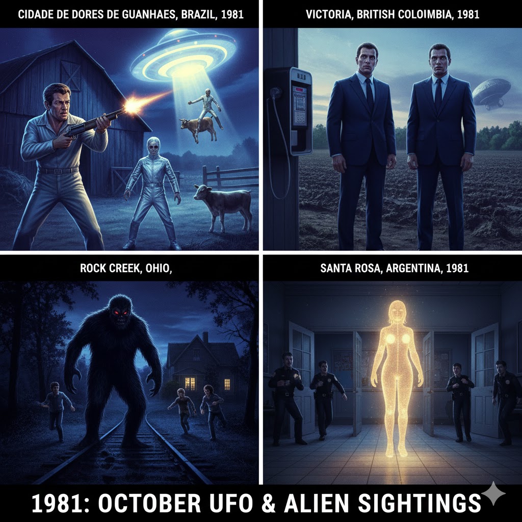 Collage of October 1981 UFO sightings: Brazil farmer encounter, Victoria men in blue, and Santa Rosa luminous woman.