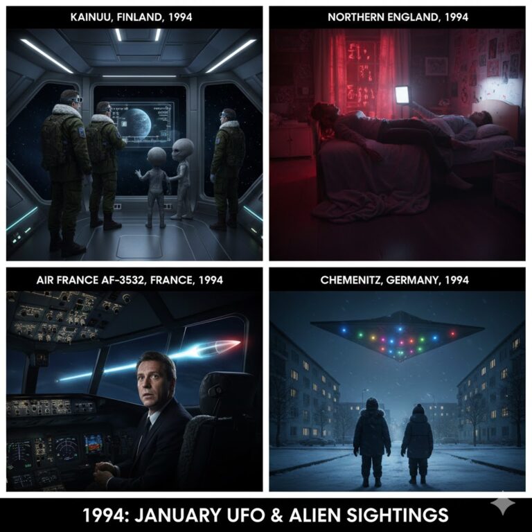 Collage of January 1994 UFO sightings: Finnish soldiers aboard craft, Air France cockpit encounter, and Chemnitz triangle