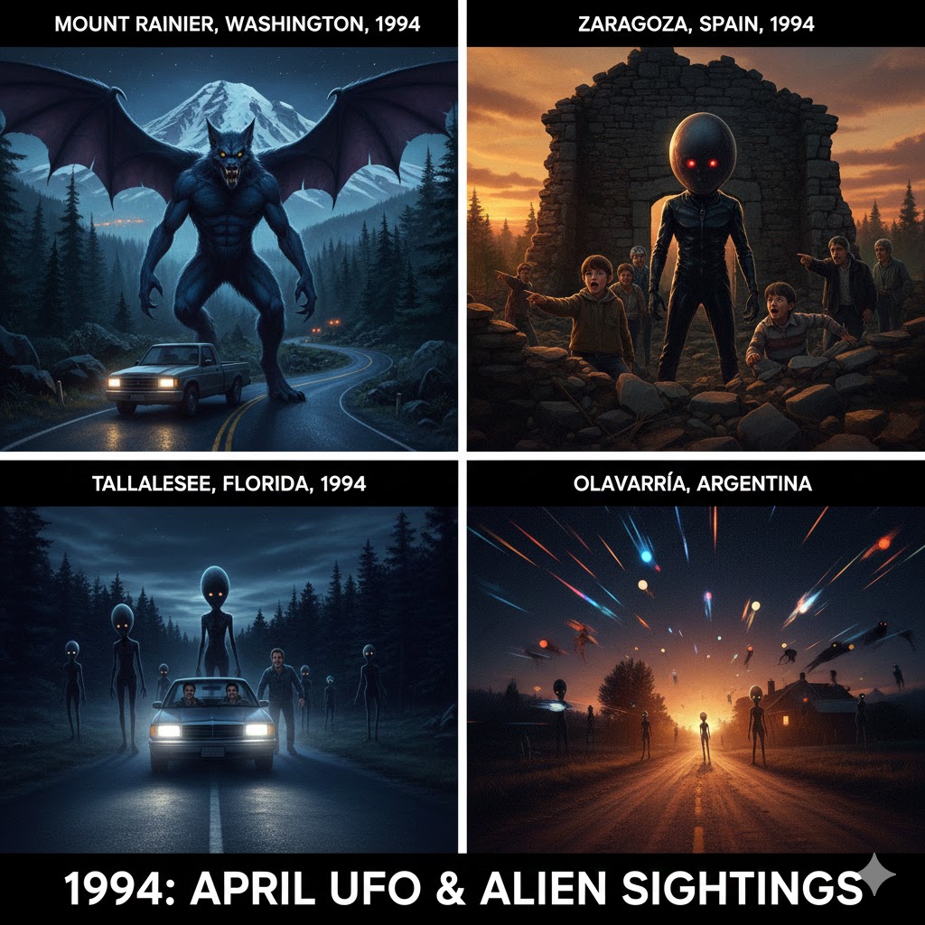Collage of April 1994 UFO sightings: Mount Rainier winged humanoid, Zaragoza Spain shrine encounter, and Argentina mass sightings.