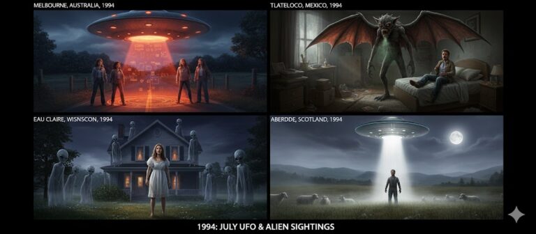Collage of July 1994 UFO sightings: Melbourne diamond craft, Tlatelolco winged entity, and Eau Claire abduction.