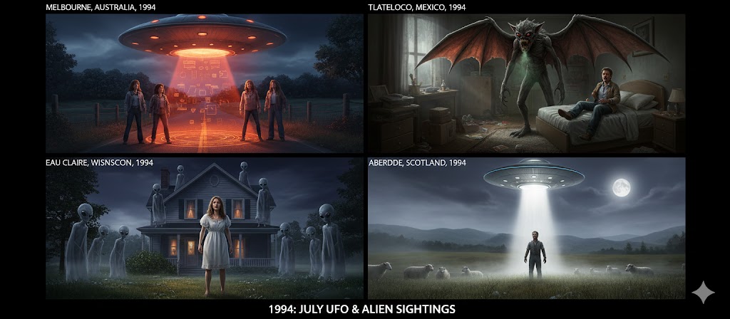 Collage of July 1994 UFO sightings: Melbourne diamond craft, Tlatelolco winged entity, and Eau Claire abduction.