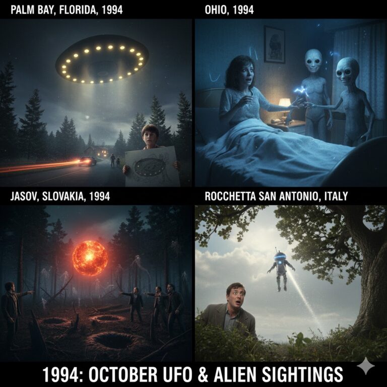 Collage of October 1994 UFO sightings: Palm Bay ovoid craft, Ohio bedroom entities, and Jasov Slovakia trace evidence.