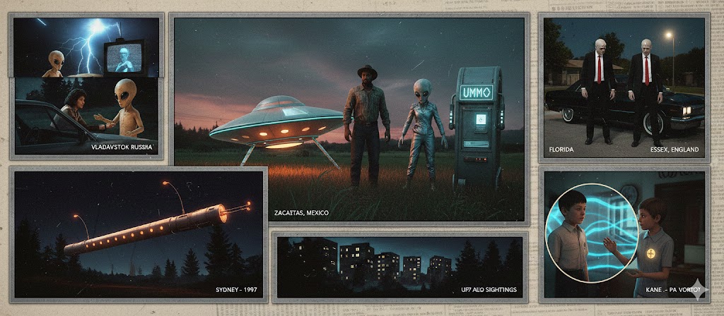 Collage of January 1997 UFO sightings including Ummo aliens in Mexico, Men in Black in Essex, and craft in Russia.