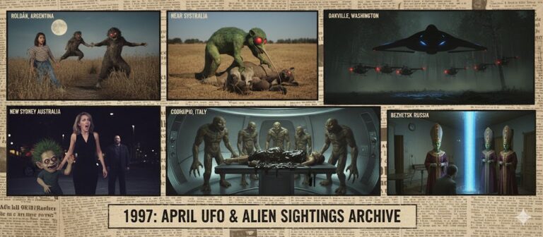 Collage of April 1997 UFO sightings including beast-like entities in Argentina, 10-foot giants in Italy, and triangular craft in Washington.
