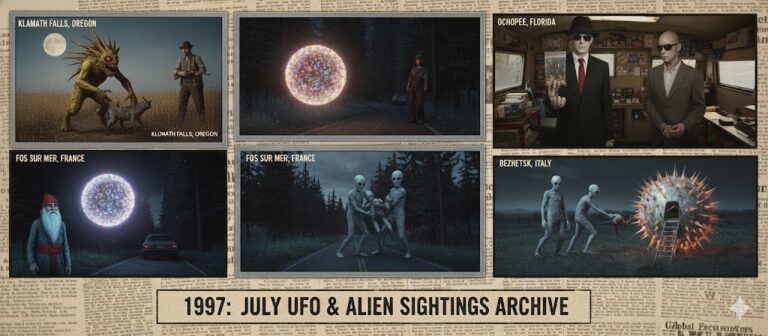 Collage of July 1997 UFO sightings including a Chupacabra in Oregon, Men in Black in Florida, and a gnome-like figure in Russia.
