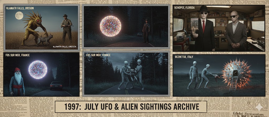 Collage of July 1997 UFO sightings including a Chupacabra in Oregon, Men in Black in Florida, and a gnome-like figure in Russia.