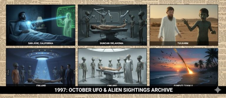 Collage of October 1997 UFO sightings including a humanoid abduction in Finland, a bearded being in San Jose, and a craft in Duncan, Oklahoma.