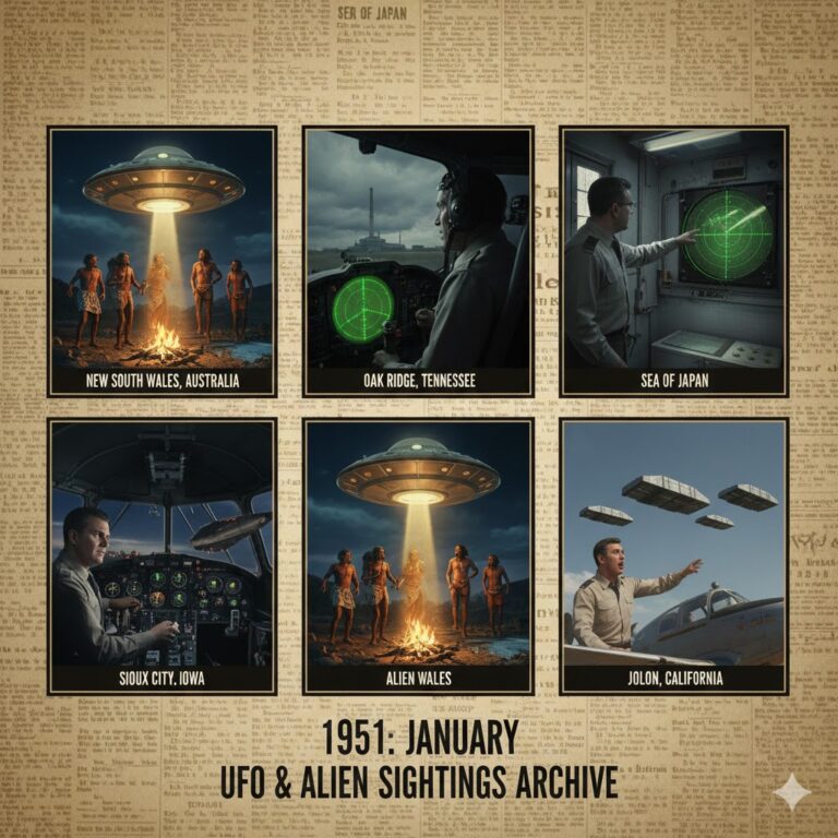 Collage of January 1951 UFO sightings: Abductions in New South Wales, Oak Ridge radar tracks, and pilot sightings in Sioux City and Jolon.