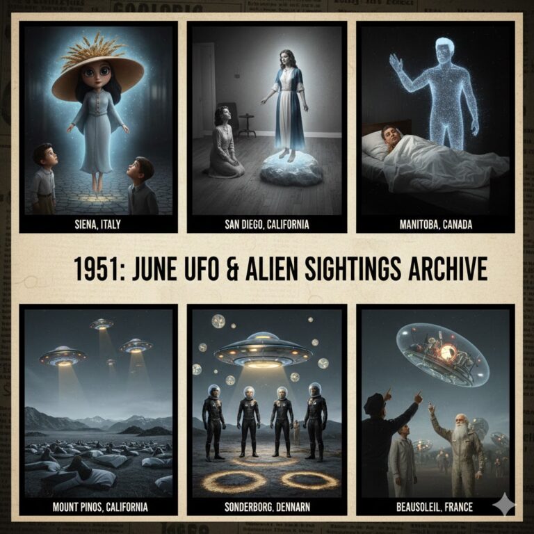 Collage of June 1951 UFO sightings featuring a woman with a wheat hat in Italy and multi-colored craft at Mount Pinos, California.