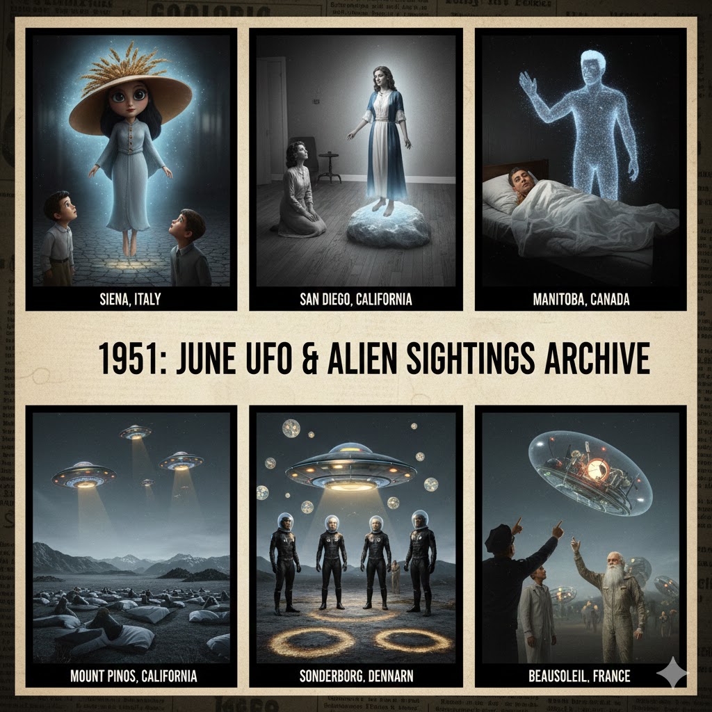 Collage of June 1951 UFO sightings featuring a woman with a wheat hat in Italy and multi-colored craft at Mount Pinos, California.