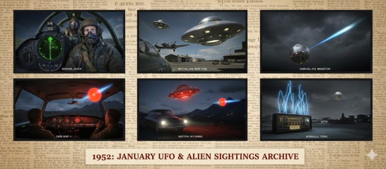 Collage of January 1952 UFO sightings: F-94 cockpit radar track in Alaska, B-29 pulsating spheres in Korea, and domed discs at Mitchel AFB.