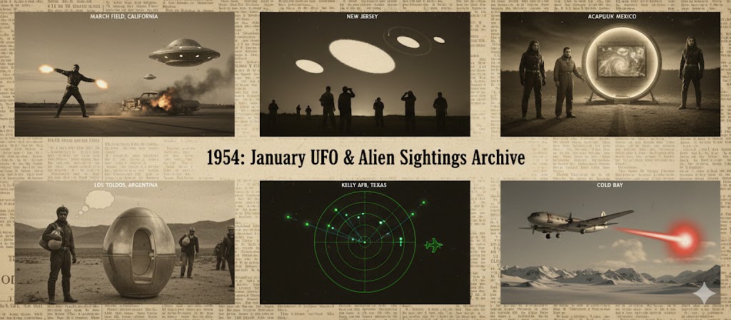 Collage of January 1954 UFO sightings: Fireball encounter at March Field, Navy pilot sighting in New Jersey, and humanoid meeting in Mexico.