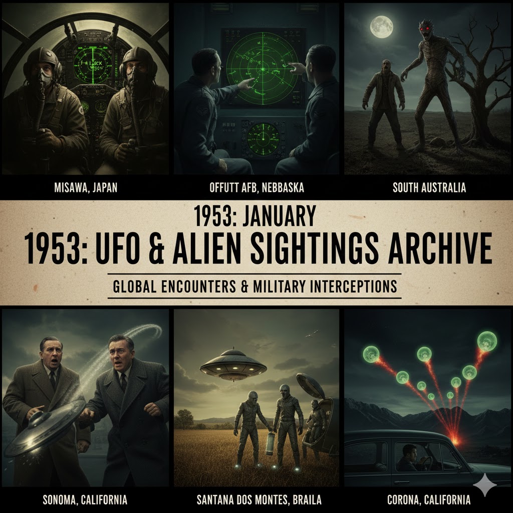 Collage of January 1953 UFO sightings: F-94 radar lock in Misawa Japan, metallic-suited humanoids in Brazil, and a ghastly creature in South Australia.