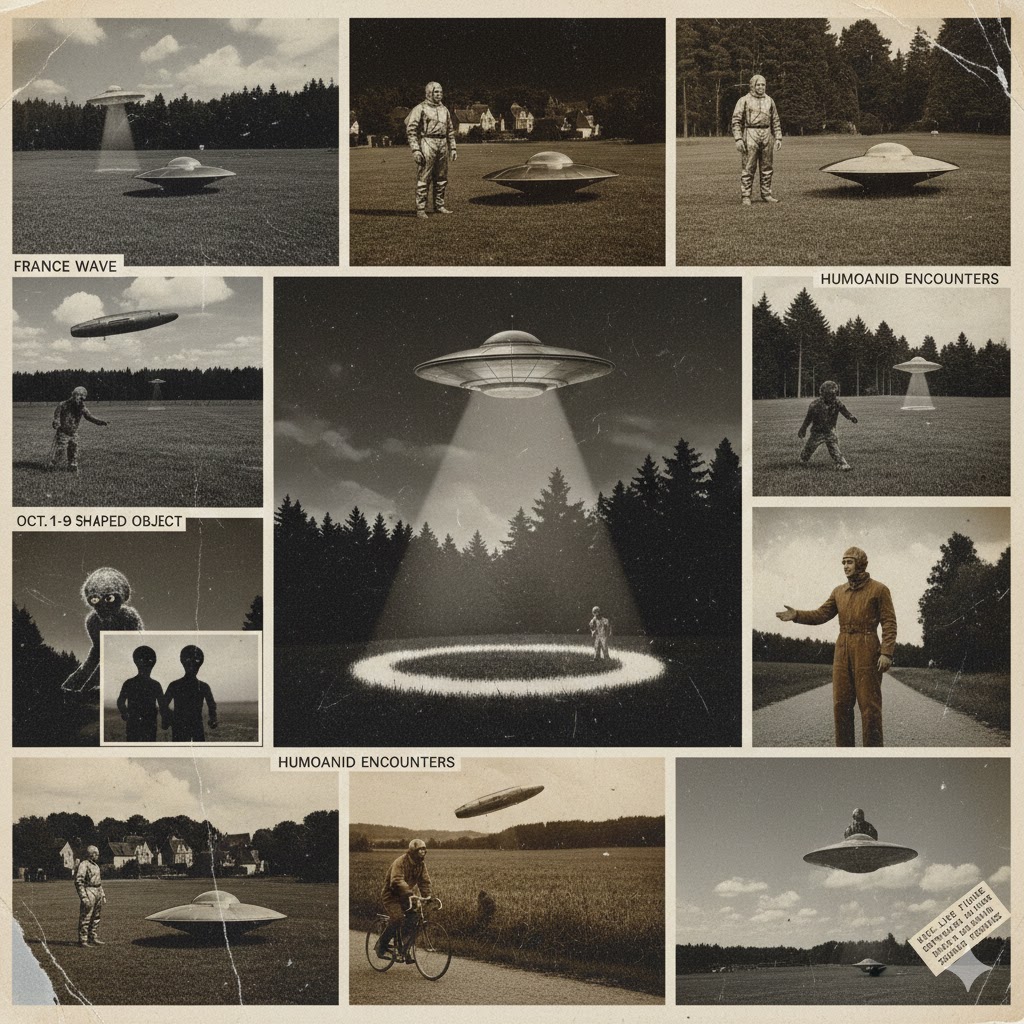 Collage of historical 1954 UFO sightings from October 1st-9th, featuring grainy monochrome illustrations of flying saucers over France, cigar-shaped objects, and various humanoid entity encounters reported during the 1954 European wave