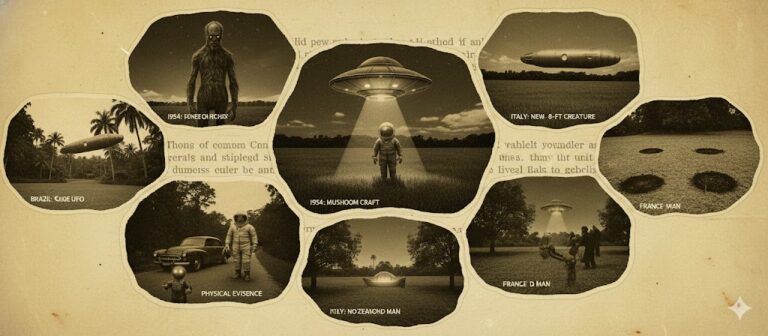 November 1954 UFO wave archive - mushroom craft landing in Italy and humanoid encounters in Brazil and France