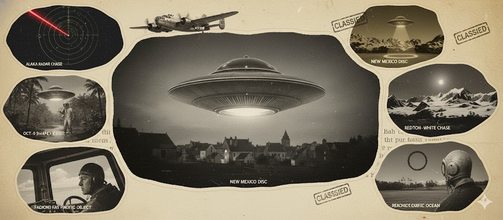 January 1955 UFO archive - USAF B-25 disc sighting and Brazil humanoid encounter illustration
