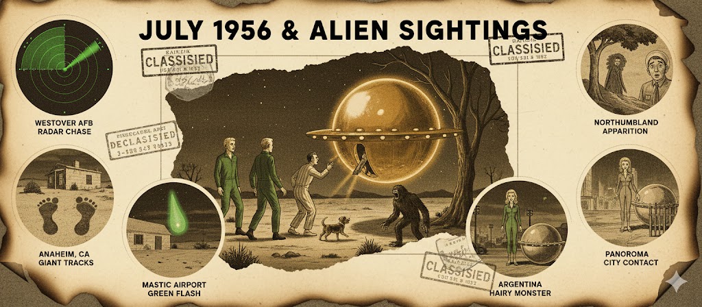 July 1956 UFO wave archive - Westover AFB radar chase and California Venusian contact illustration