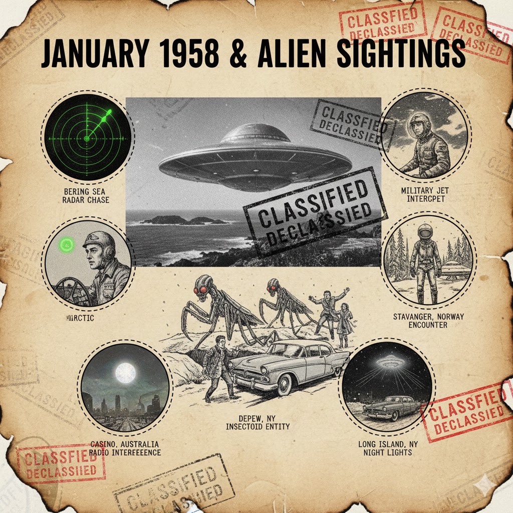 January 1958 UFO wave archive - Trindade Island Brazil disc photos and Depew New York insectoid sightings