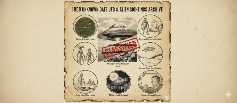 1959 Unknown Date UFO and Alien Sightings Archive Collage - featuring Wright-Patterson AFB humanoids and global close encounters