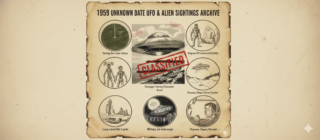 1959 Unknown Date UFO and Alien Sightings Archive Collage - featuring Wright-Patterson AFB humanoids and global close encounters