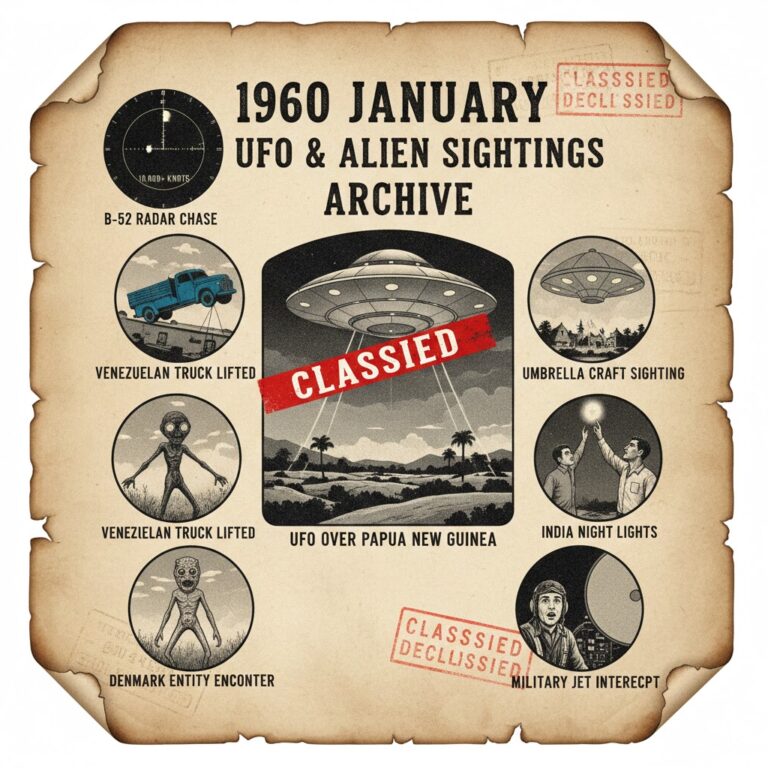 January 1960 UFO archive collage featuring Venezuelan truck encounter, B-52 radar chase, and Papua New Guinea umbrella craft