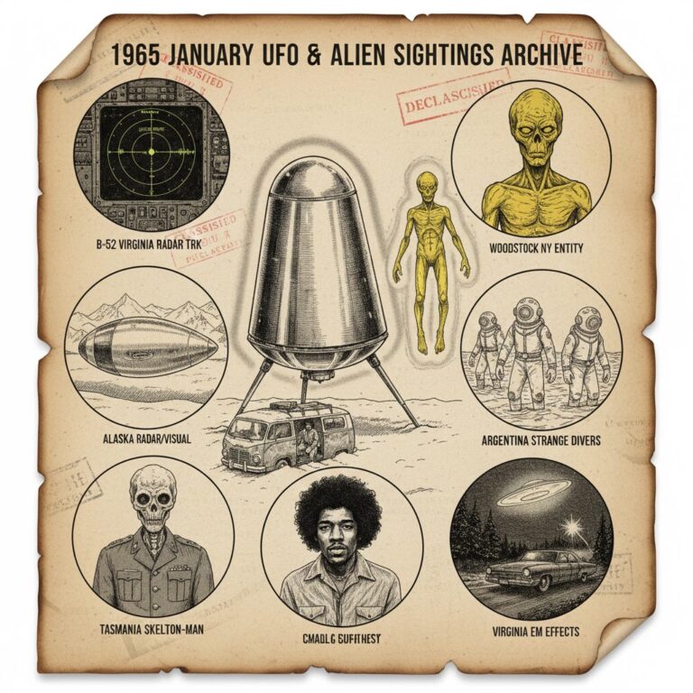 January 1965 UFO archive collage - featuring Jimi Hendrix Woodstock encounter, Project Blue Book B-52 radar tracking, and 8-foot yellow entities