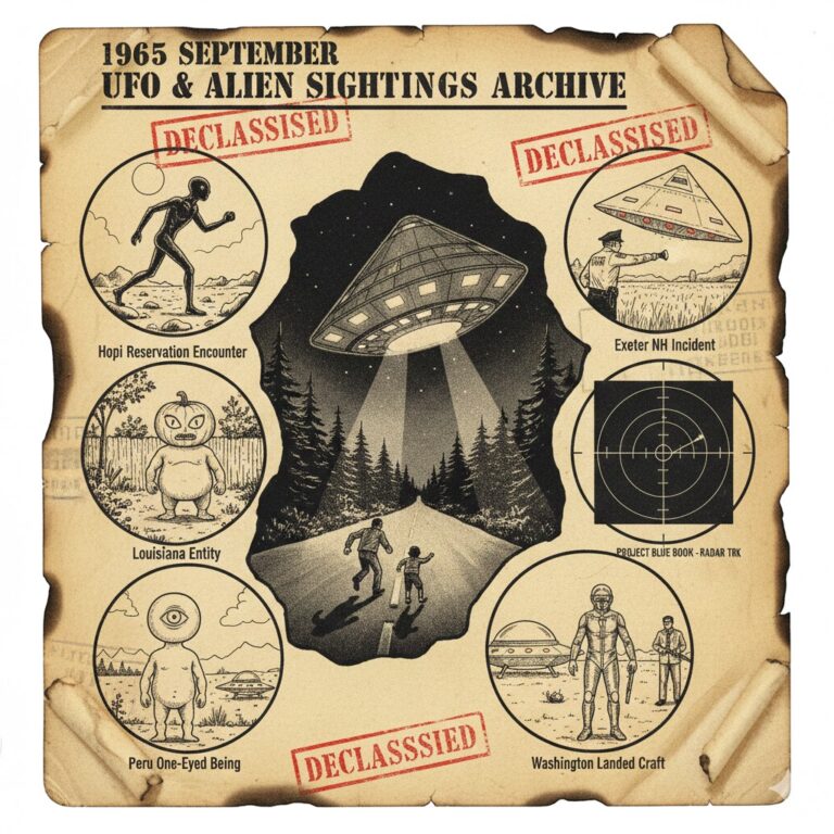 September 1965 UFO archive collage - Hopi reservation bounding figure and Louisiana pumpkin-head entity illustrations