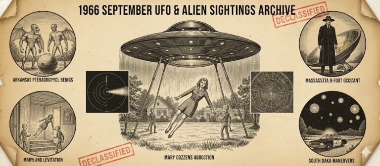 September 1966 UFO archive collage featuring Mary Cozzens Maryland abduction, 9-foot tall Massachusetts occupant, and Arkansas pterodactyl beings