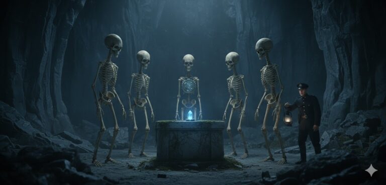 Artist's recreation of the 1938 Stewart, British Columbia discovery, showing five alien skeletons with extended craniums facing a stone altar inside a smooth-walled vertical cave.