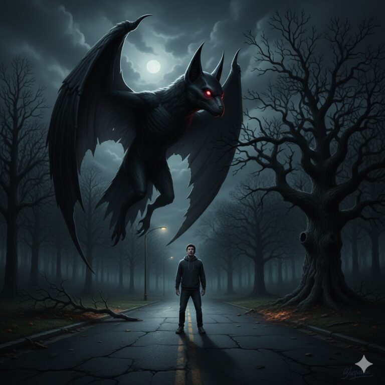 Artist's recreation of a 2004 Maryland encounter, showing a tall, black bird-like humanoid with Batman-style spike ears and glowing eyes hovering over a dark, tree-lined street.