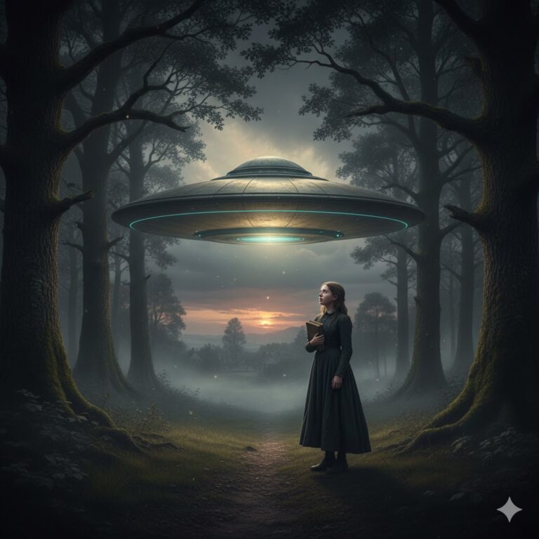 Artist's recreation of a 1900 UFO sighting in a forest near Cad West, UK, showing a 20-foot metallic disc hovering before a young girl in Victorian-era clothing.