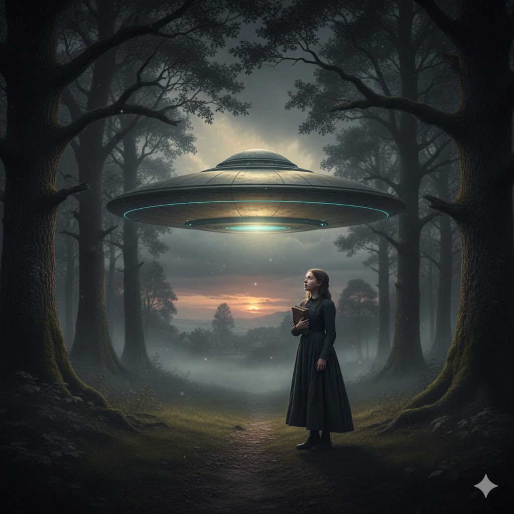 Artist's recreation of a 1900 UFO sighting in a forest near Cad West, UK, showing a 20-foot metallic disc hovering before a young girl in Victorian-era clothing.
