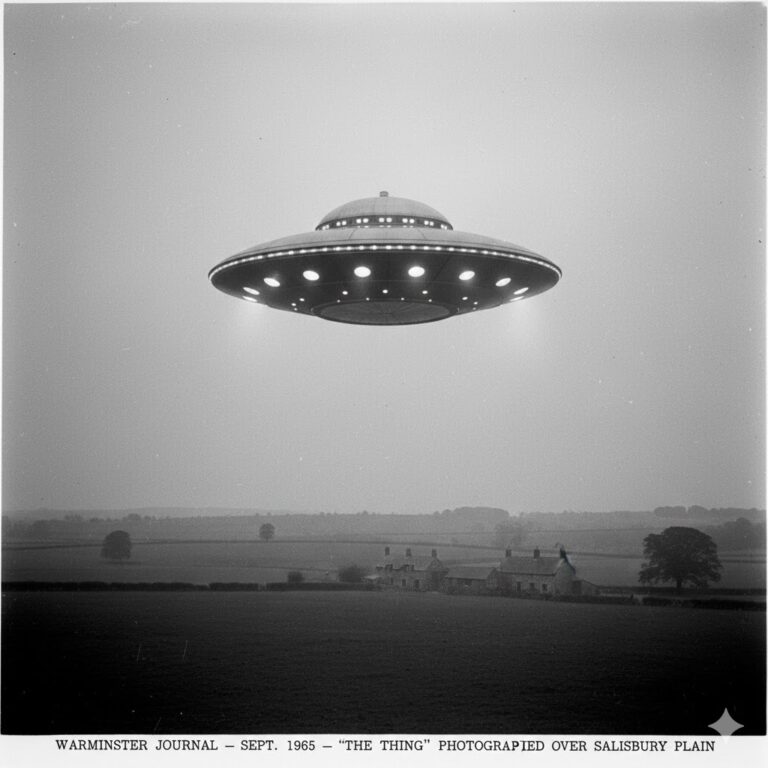 The iconic Gordon Faulkner photograph of the Warminster Thing UFO, 1965.