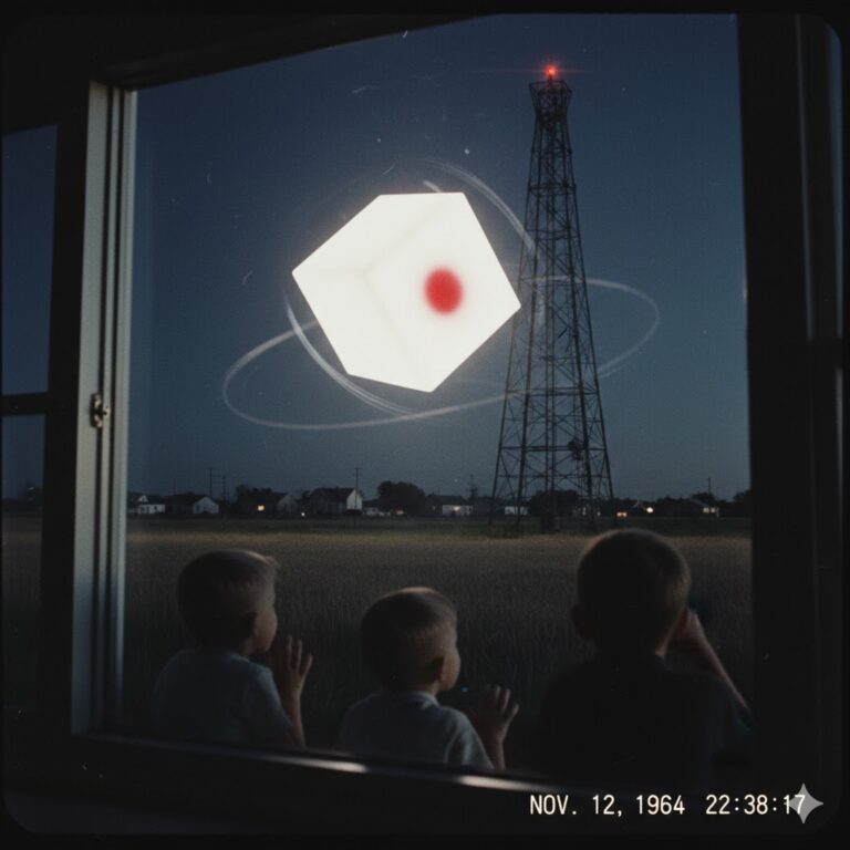 Artist's recreation of the 1964 Great Bend Kansas UFO sighting showing a glowing white cube near a radio tower.