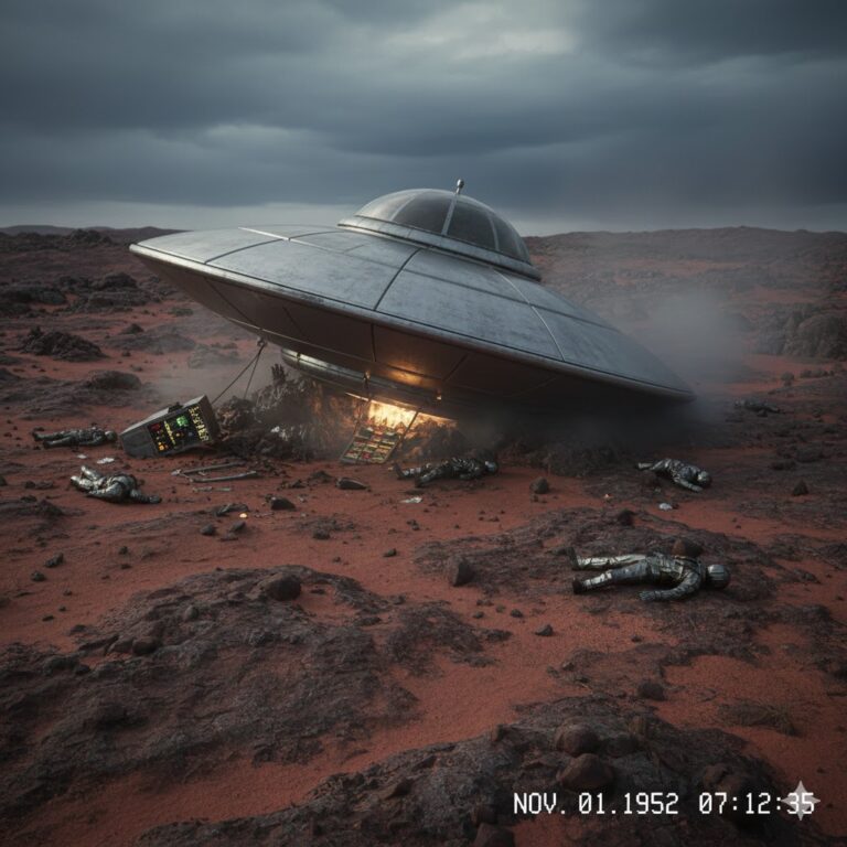 Digital illustration of a saucer-shaped UFO crash in Heligoland, Germany, 1952, involving the recovery of seven humanoid entities.