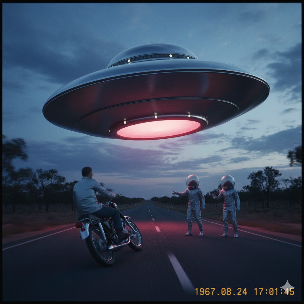 Ron Hydes 1967 Wodonga UFO sighting illustration showing a metallic disc and figures in fishbowl helmets.