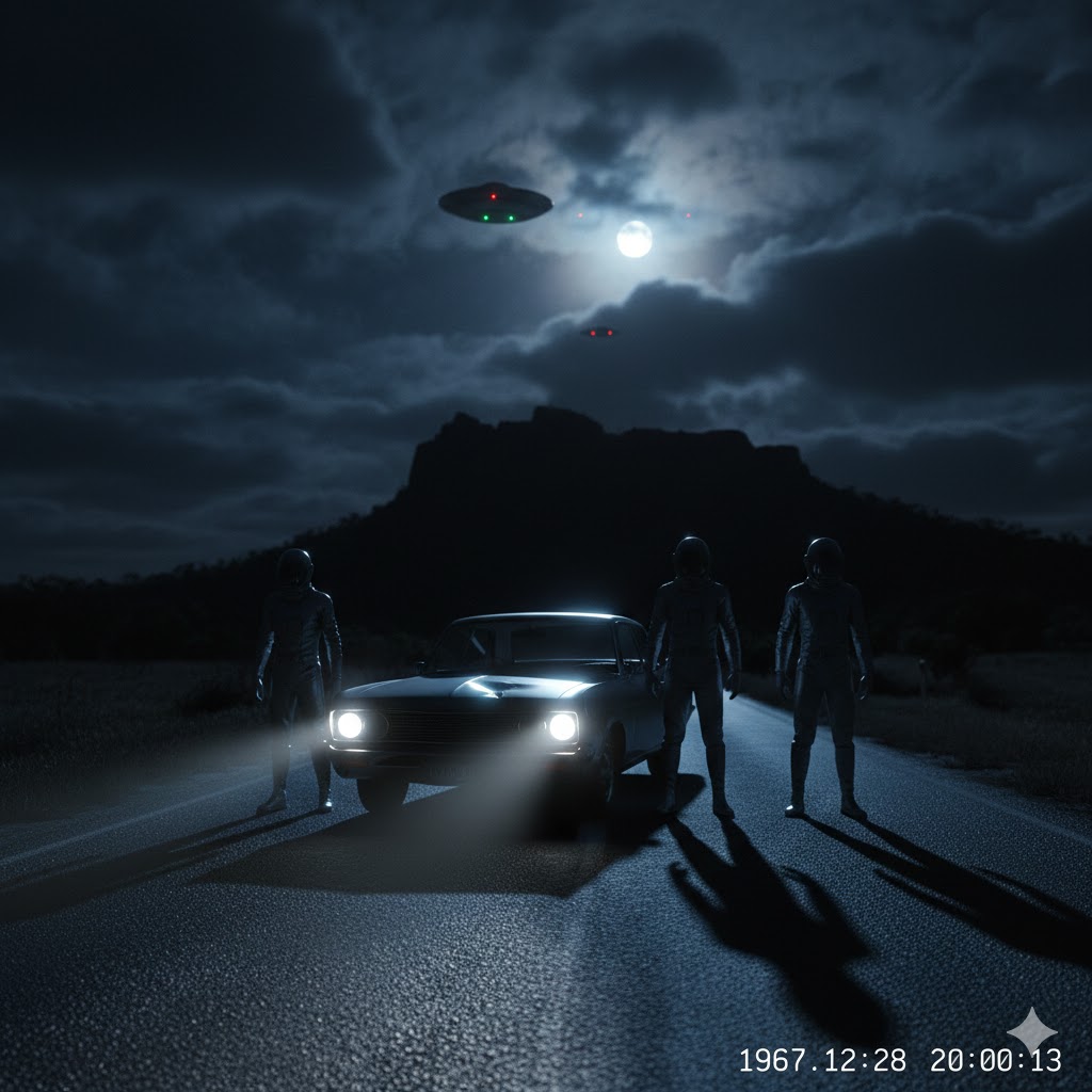Digital illustration of the 1967 Bilcala, Australia sighting featuring humanoids in silvery uniforms near Ballantyne Lookout.
