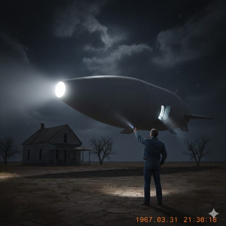 Illustration of the 1967 Carroll Watts bullet-shaped UFO encounter in South Wellington, Texas.