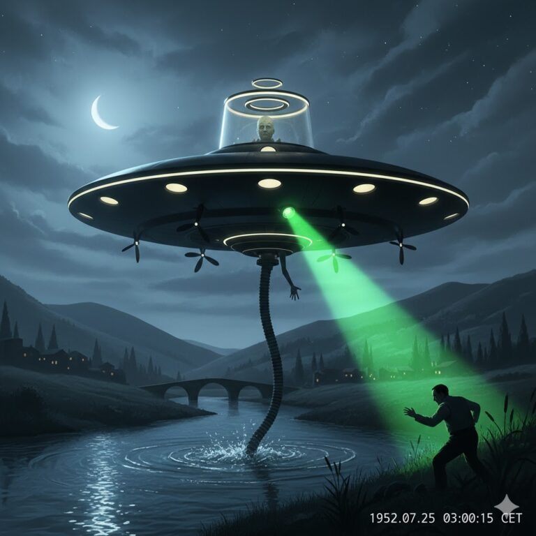 Illustration of the 1952 San Pietro a Vico UFO sighting in Italy, showing the circular black disc with a transparent tower over the Serchio river as described by Carlo Rossi.