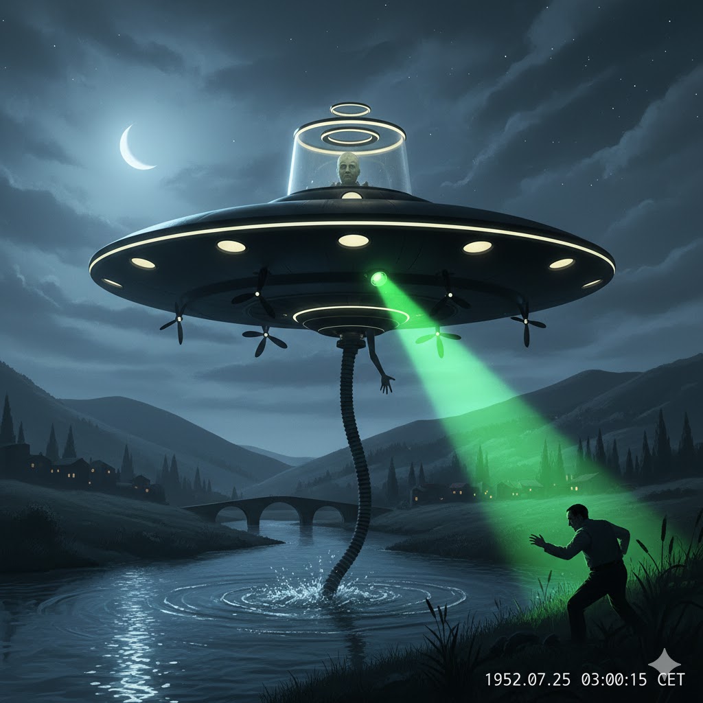 Illustration of the 1952 San Pietro a Vico UFO sighting in Italy, showing the circular black disc with a transparent tower over the Serchio river as described by Carlo Rossi.
