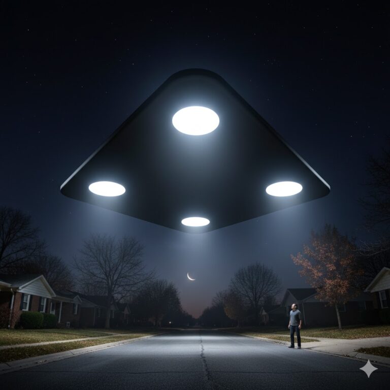 "AI recreation of a large black triangle UFO with four white lights hovering over a residential street in Paducah, Kentucky".