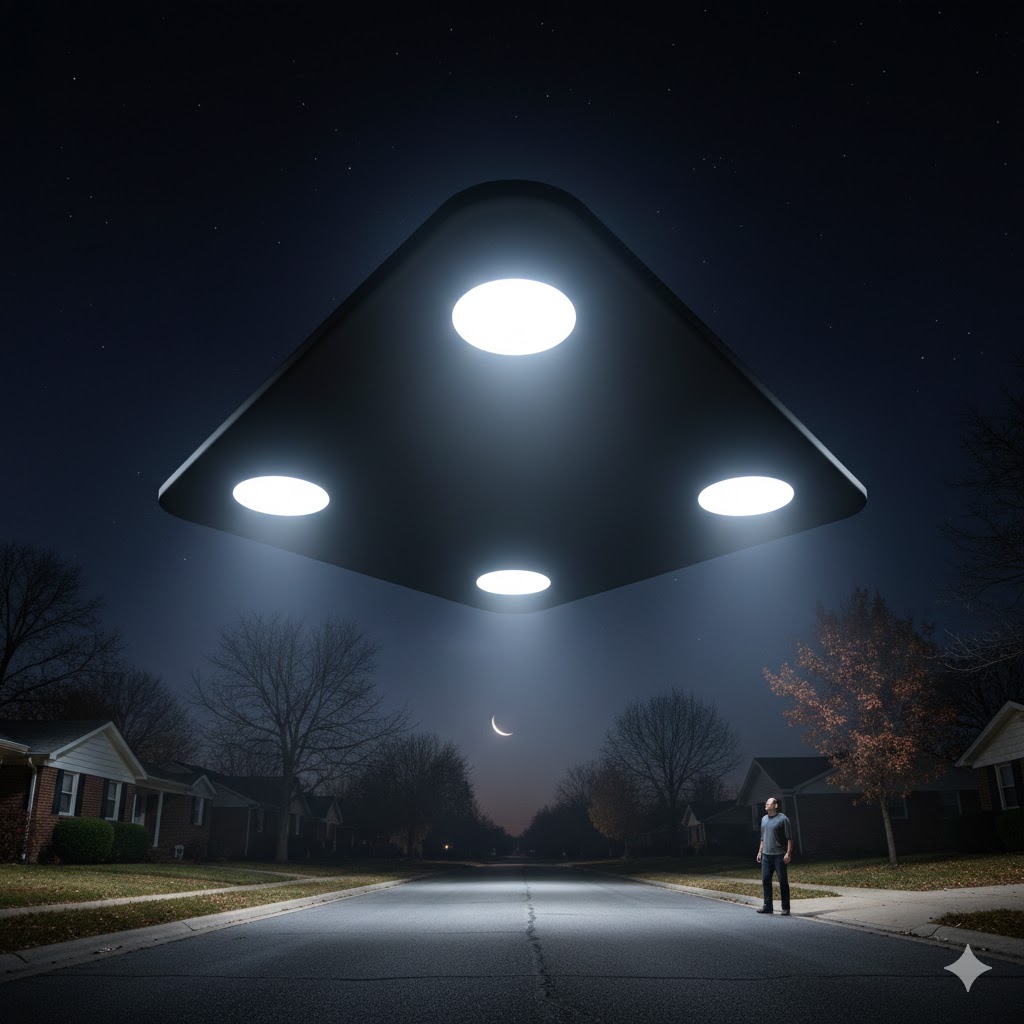 "AI recreation of a large black triangle UFO with four white lights hovering over a residential street in Paducah, Kentucky".